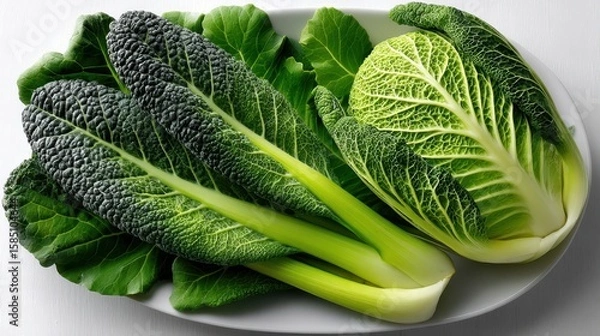Fototapeta Fresh green kale leaves arranged neatly on a white plate creating an appealing top view presentation showcasing their texture and color