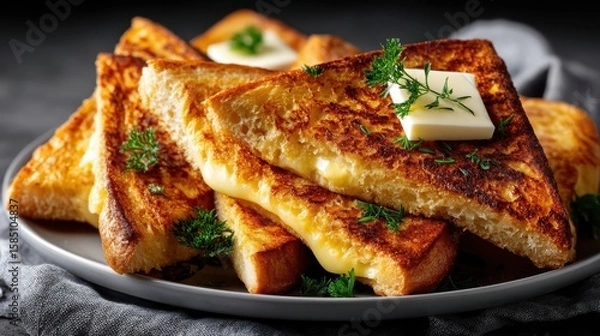 Fototapeta Golden toasted bread triangles with melted butter on a white plate against a gray backdrop