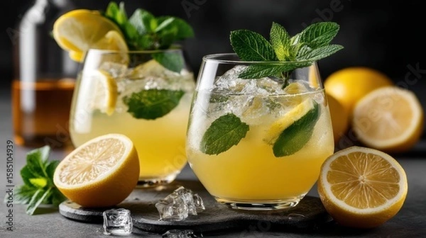 Fototapeta Refreshing lemon juice cocktail with mint leaves and lemon slices served on a dark gray background for a vibrant drink experience