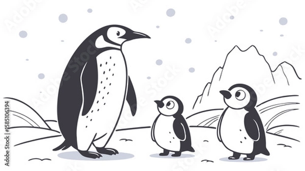 Fototapeta An illustration of a large adult penguin standing with two small baby penguins in a snowy Antarctic landscape with mountains and falling snow.