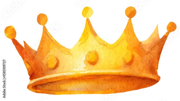 Fototapeta Watercolor illustration of a golden crown with intricate details on a transparent background, perfect for fantasy projects and regal designs.