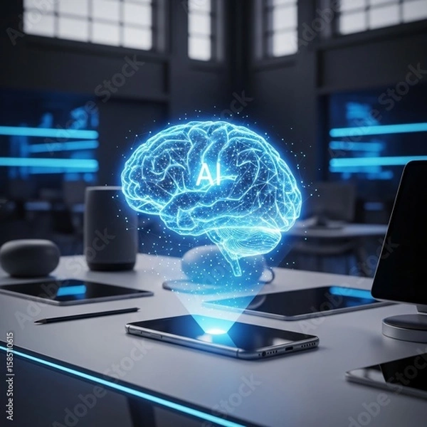 Fototapeta AI Brain Hologram Projected from Smartphone on Desk with Tech Gadgets and Blue Neon Glow