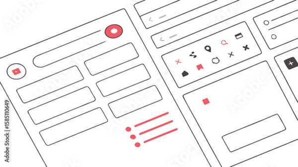 Fototapeta Illustration of a user interface with search bar, text boxes, icons, and a list with red accents design element