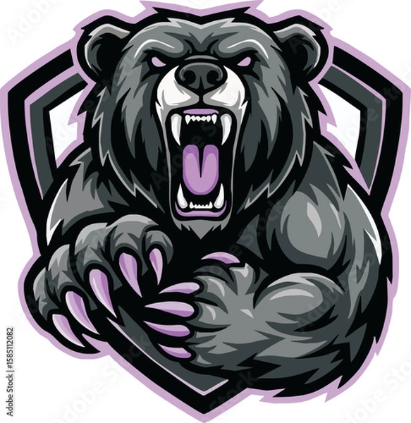 Fototapeta Aggressive bear mascot with sharp claws and teeth, set against a shield backdrop.