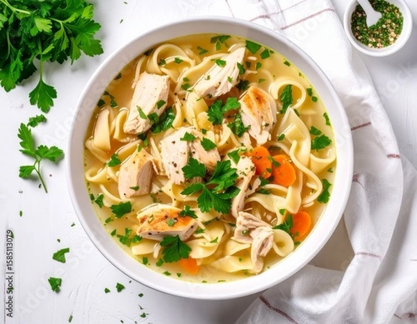 Fototapeta Warm chicken noodle soup with vegetables in a white bowl garnished with fresh parsley and herbs on a white background