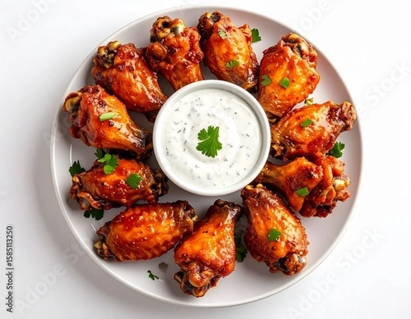 Fototapeta Plate of Glazed Spicy Chicken Wing Pieces with Fresh Herb Garnish and Creamy Ranch Dip in the Center on White Background