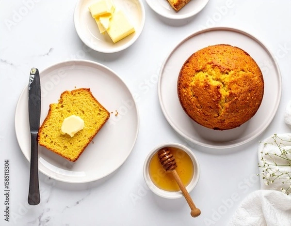 Fototapeta Freshly baked golden loaf cake with butter on a white marble surface, accompanied by honey, butter cubes, and a small piece of cake on a white plate