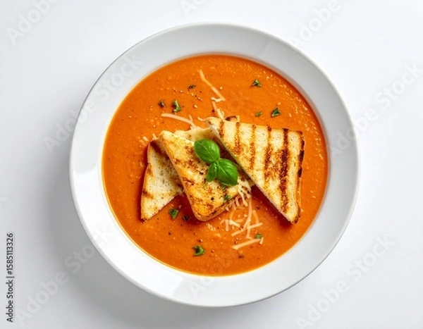 Fototapeta Bowl of vibrant tomato soup garnished with grilled cheese triangles fresh basil and shredded cheese on a white background