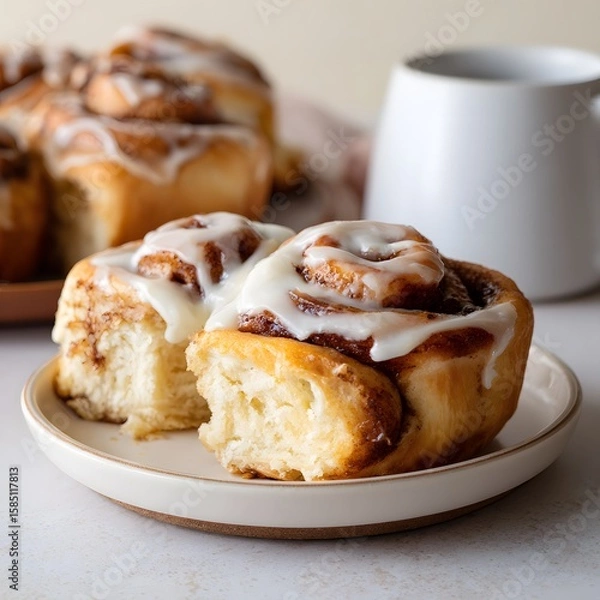 Fototapeta Warm Cinnamon Rolls with Melted Icing on Ceramic Plate and Mug – Cozy Homemade Breakfast Scene with Freshly Baked Pastry and Soft Texture