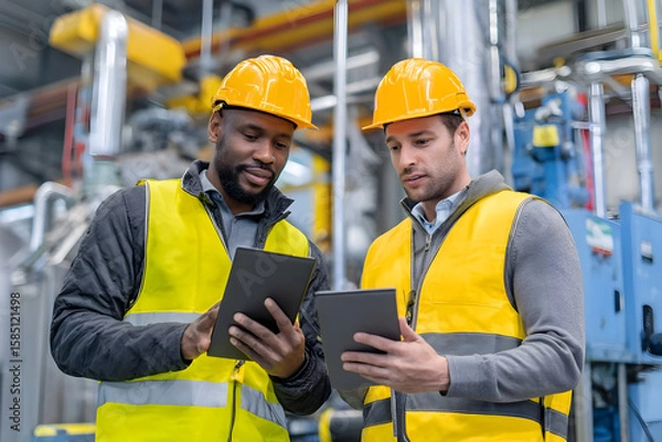 Fototapeta Two factory workers reviewing data on tablets while wearing safety gear in a manufacturing setting .