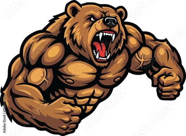 Fototapeta An aggressive, muscular brown bear roars with its mouth open, displaying its teeth and claws.