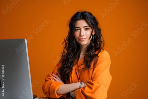 Fototapeta Portrait of a woman with crossed arms in front of a laptop against an orange colored background .