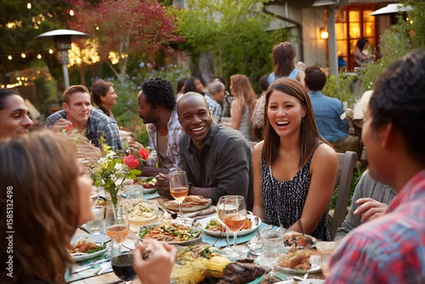 Fototapeta A group of people enjoying a meal together at a long table outdoors with food and drinks present .