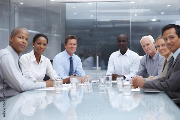 Fototapeta Group of diverse professionals at a conference table in a modern office setting looking at camera .