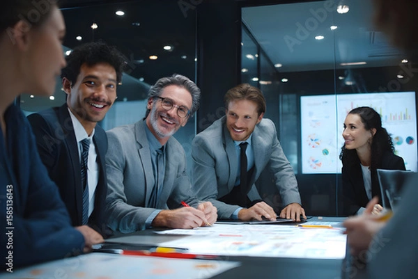 Fototapeta Group of business people smiling and looking at charts during a meeting in a modern office space .