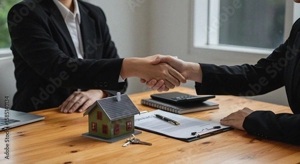 Obraz Real estate deal handshake, property purchase agreement, house models and keys.