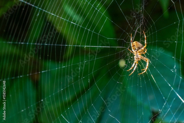 Fototapeta Spotted cross spider constructs its web amid vibrant green foliage, illustrating nature's delicate craftsmanship