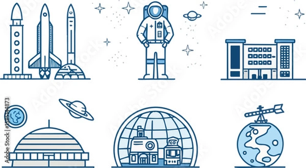 Fototapeta blue icon collection of rockets, UFOs, shuttles, and spaceships in flight, ideal for sci-fi, future tech, and interstellar travel designs.