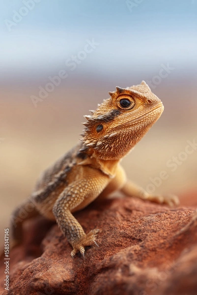 Fototapeta A golden lizard, a small reptile, perched atop a red rock against a soft, blurred background. Ideal for nature, survival, or pet concepts. Reptilian beauty.