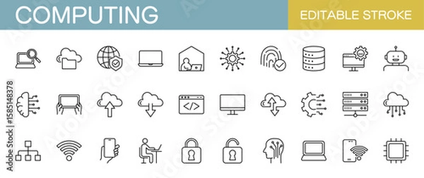 Fototapeta Computing line icon set – Includes computer, technology, digital, cloud, network and ai. Editable stroke. Vector illustration.