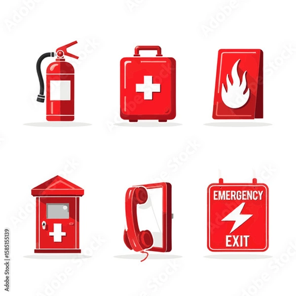 Fototapeta Emergency Preparedness Icons Fire Extinguisher, First Aid Kit & Exit Sign for Safety and Prevention