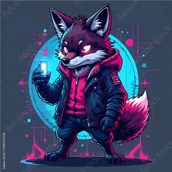 Fototapeta Cyberpunk Fox with Smartphone A Trendy Animal Illustration in Neon Colors and Modern Style, Adding a Touch of Charm