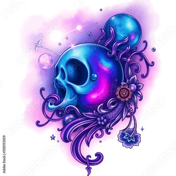 Fototapeta Mystical Skull Illustration with Floral Accents and Galactic Elements for Art and Decor