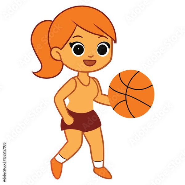 Obraz Female Basketball Player Dribbling Vector Illustration, Cute girl character playing basketball flat vector illustration isolated.