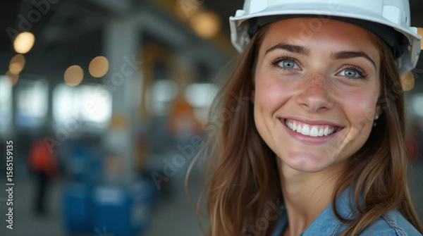 Fototapeta Happy young female engineer in white helmet on background of production workshop