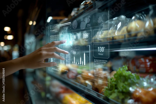 Fototapeta Consumer in Smart Grocery Store with Live Nutrition Data Overlay