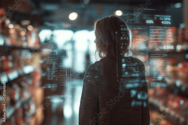 Fototapeta Consumer in Smart Grocery Store with Live Nutrition Data Overlay