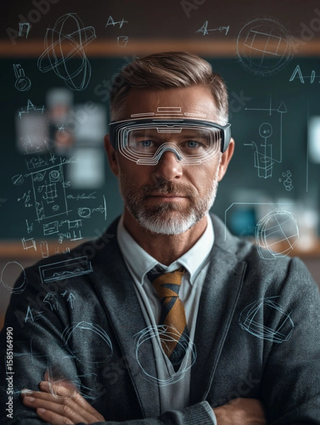 Fototapeta Teacher with AR Glasses in Smart Classroom | Future of Education 2030