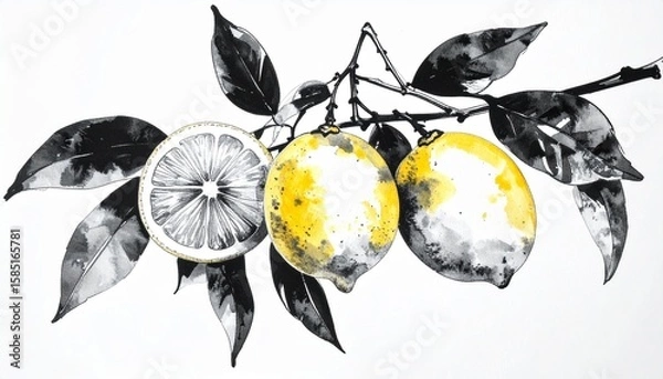 Fototapeta 墨絵のレモンと断面の構図