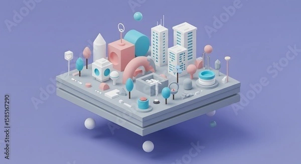 Fototapeta Colorful 3D Cityscape Illustration with Playful Pastel Shapes and Modern Architectural Elements