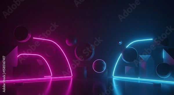 Fototapeta Abstract Geometric Composition with Neon Pink and Blue Lights in a Modern Dark Space