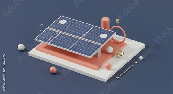 Fototapeta 3D Illustration of Solar Energy System with Geometric Shapes on Blue Background