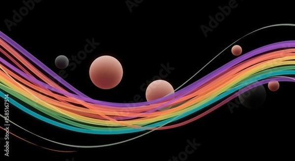 Fototapeta Colorful Abstract Waves and Spheres on a Dark Background Representing Dynamic Movement and Energy