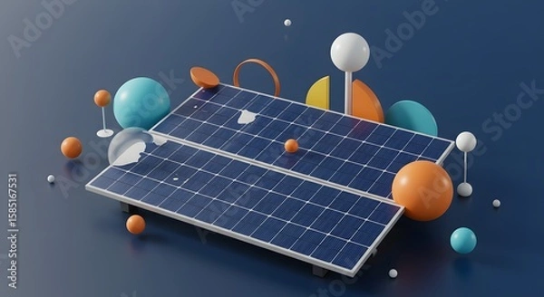 Fototapeta Solar Energy Panels Surrounded by Colorful Geometric Shapes and Abstract Elements in Modern Design