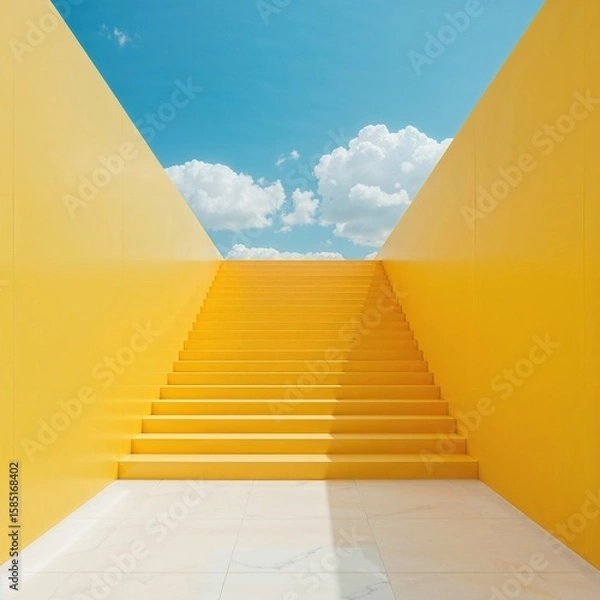 Fototapeta "Vibrant Yellow Staircase Leading to the Sky in a Minimalist, Serene Setting"