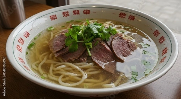 Fototapeta Delicious Lanzhou Beef Noodle Soup with Tender Beef Slices and Fresh Cilantro