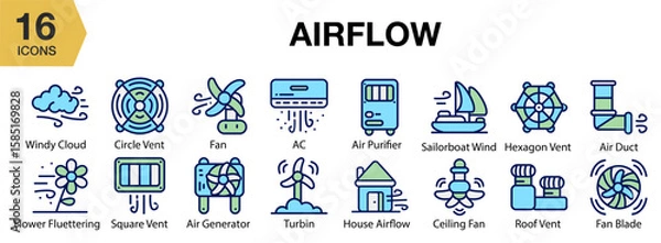 Obraz Airflow flat icon set. Includes airflow, air, ventilation, wind, breeze, and More. Flat icons vector collection.