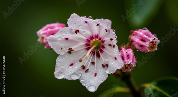 Fototapeta Single Bloom of Mountain Laurel with Dew Drops and Detailed Petals, Studio Effect Macro Photography