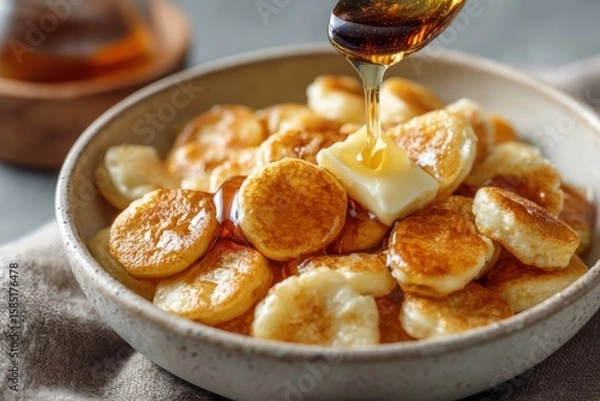 Fototapeta Delicious Mini Pancakes with Maple Syrup and Butter Drizzle