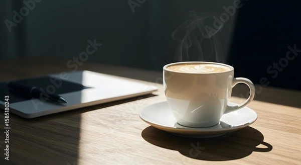 Fototapeta Steaming Coffee Cup on Wooden Table in Modern Workspace with Natural Light and Shadows