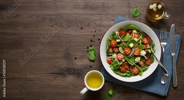 Fototapeta Fresh Seasonal Salad with Cherry Tomatoes and Spinach Served in a White Bowl on a Rustic Wooden Table