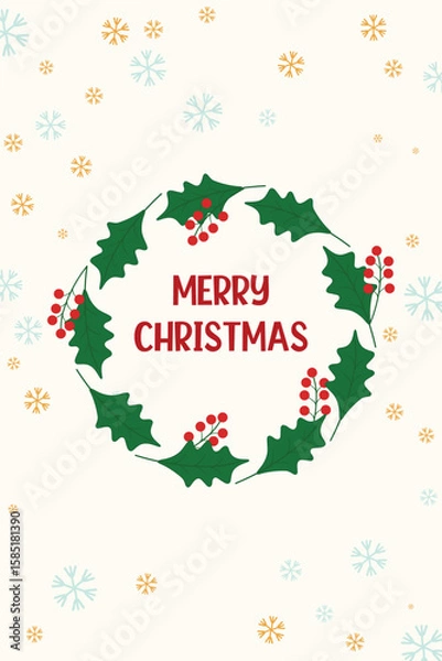 Fototapeta Elegant Christmas greeting card with a soft cream background, blue and golden snowflakes around the edges, a festive holly wreath in the center, and  "Merry Christmas" text inside.