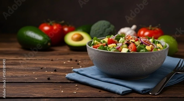 Fototapeta Fresh Colorful Salad Bowl with Avocado Tomatoes and Cucumbers Surrounded by Fresh Vegetables on Wooden Table