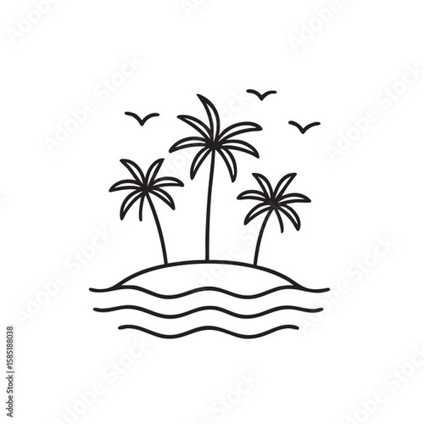 Fototapeta Minimalist Tropical Island Illustration with Palm Trees Waves and Birds in Black and White Outline