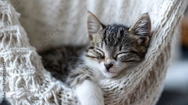 Fototapeta Sleeping Kitten in Cozy Knitted Hammock – Peaceful Nap Scene with Soft Textures and Gentle Light in Wholesome Pet-Themed Illustration