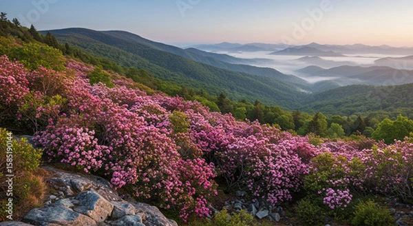 Fototapeta Wide-Angle Drone Capture of a Majestic Blue Ridge Landscape in Spring, Mountain Laurel Blossoms, Rising Mist, and Distant Peaks